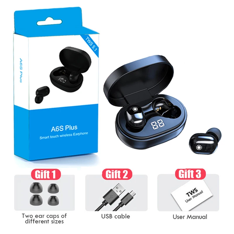 Bezprzewodowe Słuchawki z mikrofonem Sportowe Wodoodporne A6s TWS Bluetooth, Słuchawki Bezprzewodowe Sterowanie Dotykowe zestaw Słuchawkowy Bluetooth Słuchawki