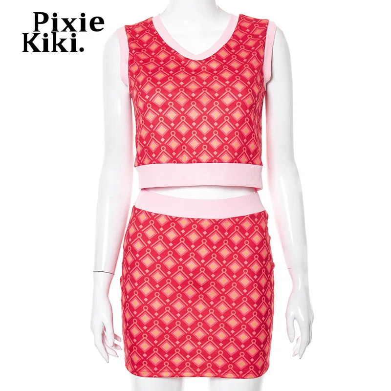 PixieKiki Y2k Dress Sets Vintage Plaid Print Women Suits Sexy Two Piece Skirt Set Short Matching Sets 2000s Aesthetic P85-CZ25