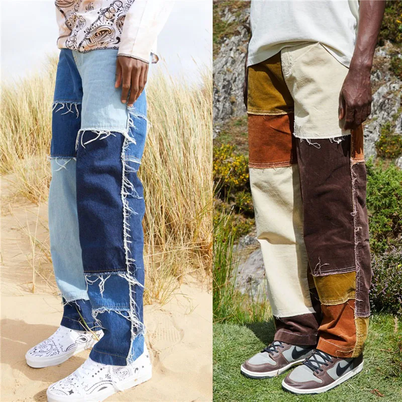 Hip-Hop Pędzelkiem Patchwork Dżinsy Męskie Harajuku Temat Wypłukane Proste Spodnie Jeansowe Męskie Łączenie Moda Uliczna Kowbojskie Spodnie