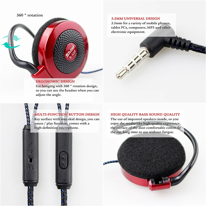 3,5 mm Słuchawki Przewodowe Shini Earhook Słuchawki Super Bass Słuchawki Z mikrofonem Sportowe Słuchawki dla iPhone Xiaomi Huawei