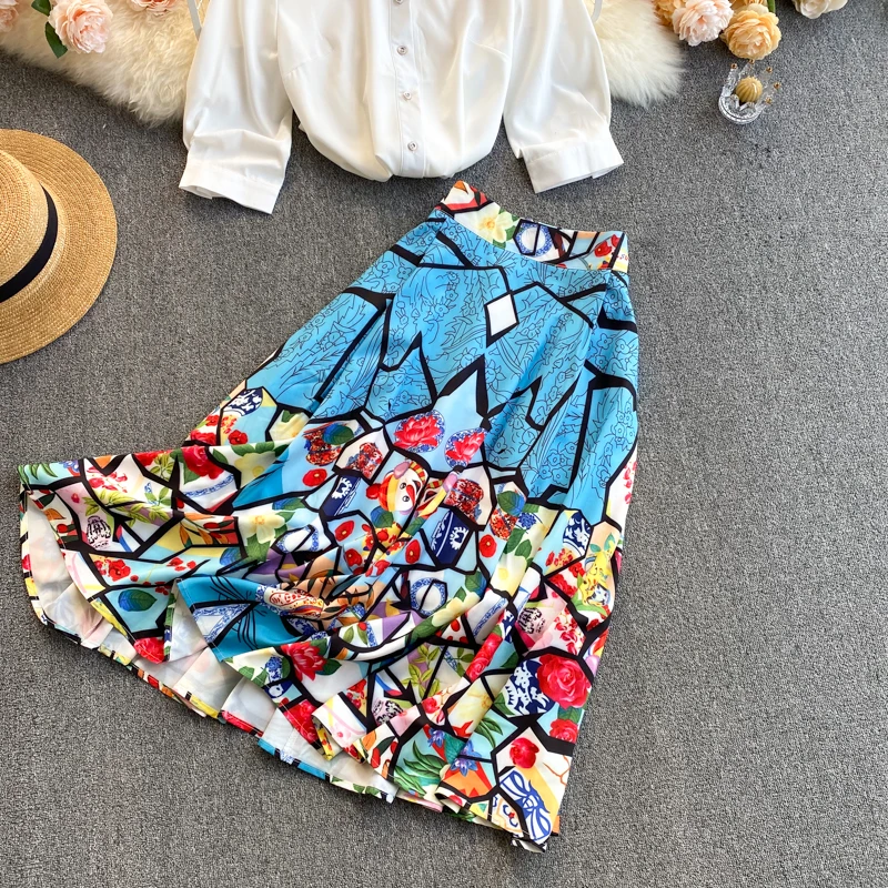 2021 Nowa Moda Dla kobiet Klapy Druku Casual Koszula + Wysoka Talia Slim Print Spódnica Z Dwóch Części Spódnice Zestawy