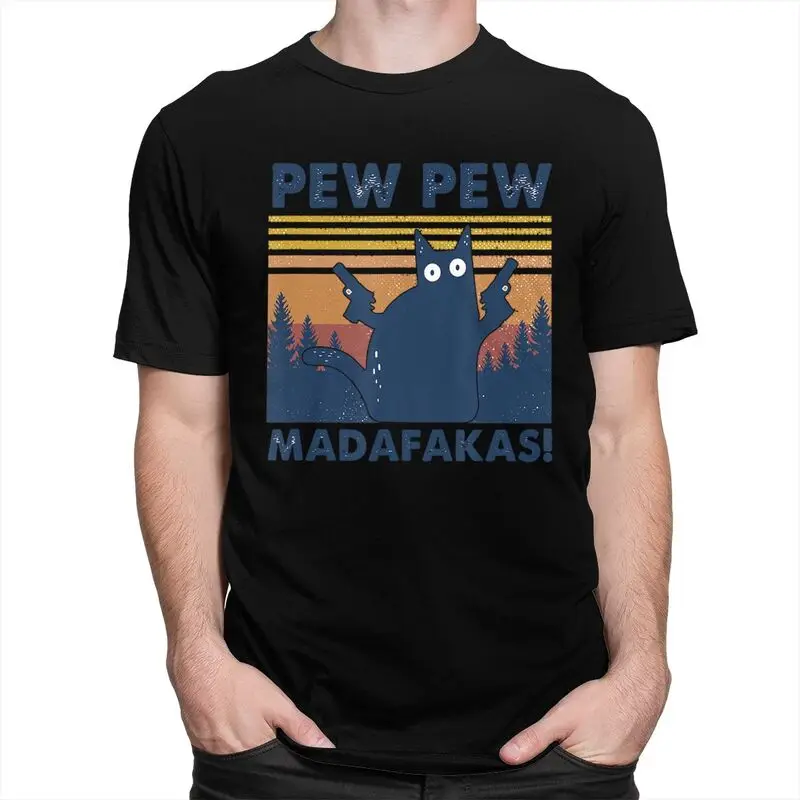 Funny Cat Pew Pew Madafakas Tshirt Men Short Sleeve Print T Shirt Funny Vintage Crazy Cat T-Shirts Loose Fit Cotton Tee Top Gift