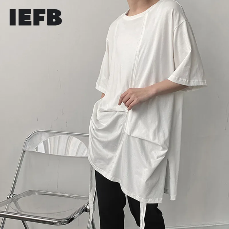 IEFB 2021 Nowy Asymetryczny Krótki Rękaw Luźny O-neck Casual w jednolitym kolorze Letnia Biały t-shirt Sznurek Design Mid Length Tee Tops