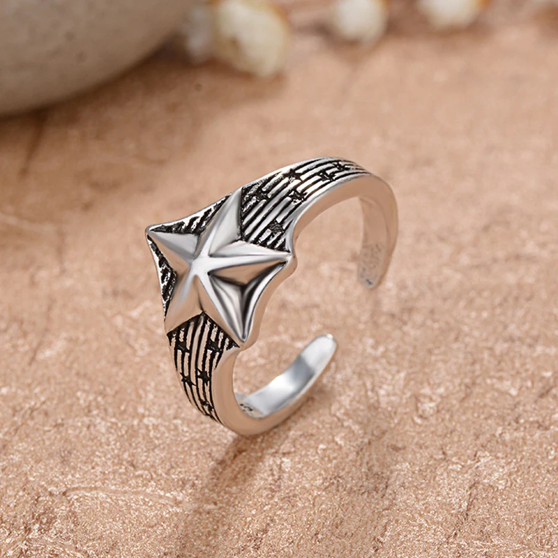 Retro Duży Pięcioramienna Gwiazda Pierścień Dla Mężczyzn Kobiet Koreański Znakomity Partia Kolor Srebrny Otwarcie Pierścień Moda Biżuteria Akcesoria