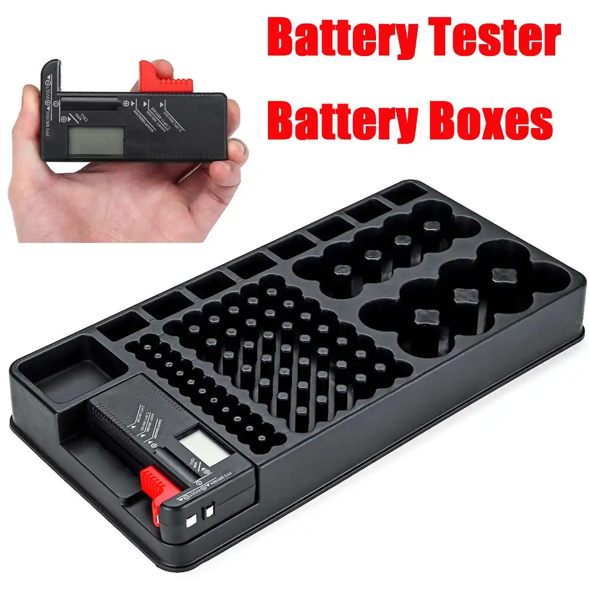 Nowy 98 Sieci Storage Battery Organizer Holder Tester Battery Caddy Rack Case Box Including Battery Checker For AA AAA D C 9V