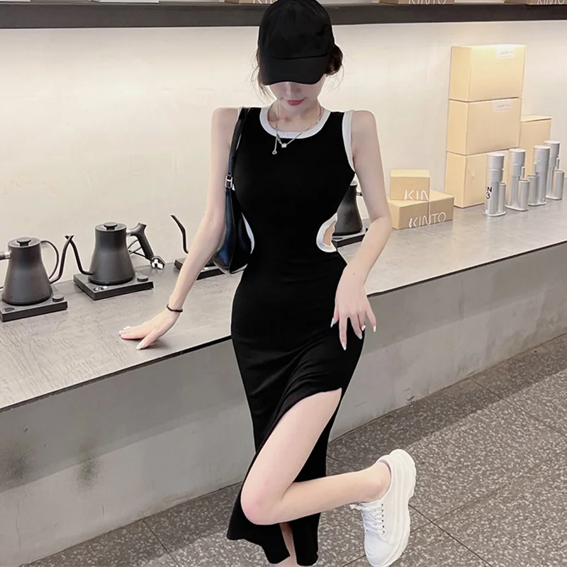 Jednoczęściowy Moda Bez Rękawów Sexy Hollow, Jednolity Kolor Split Widelec Sukienki Letnie Kobiety Koreański Elegancki Elegancki Szlafrok Femme Sukienkę