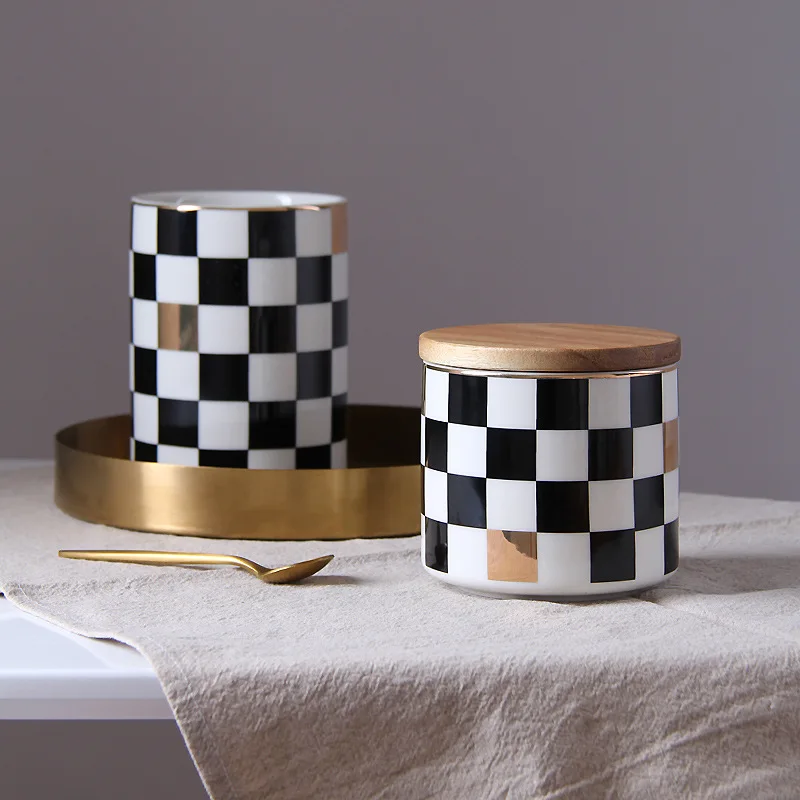 Nordic geometria hermetyczna puszka z pokrywą ceramiczną banku do przechowywania pudełko do przechowywania kawy, herbata kwiat zboża cukierki banku ornament