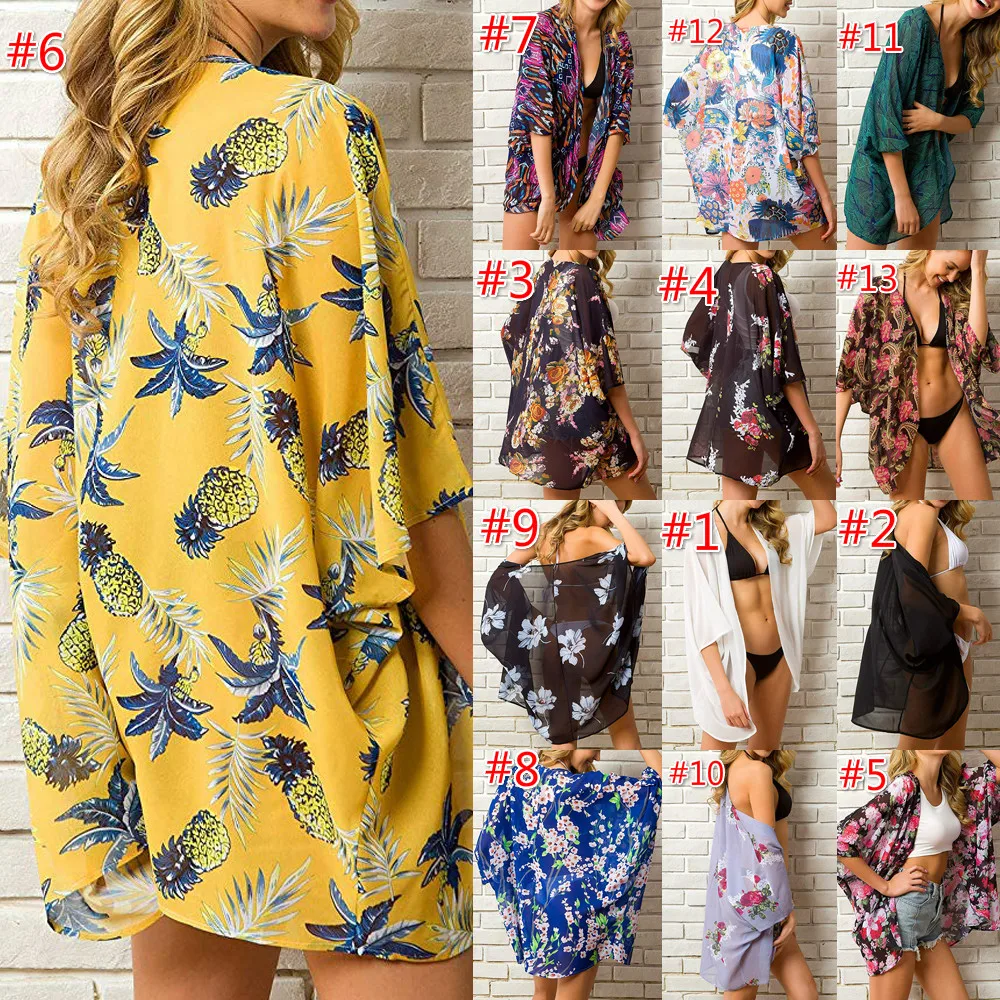 2021 Kobiety Szyfon Kwiatowy Kimono Plaża Sweter Sheer Cover Up Lato, Długa Bluzka Koszule Damskie Topy, Stroje Kąpielowe