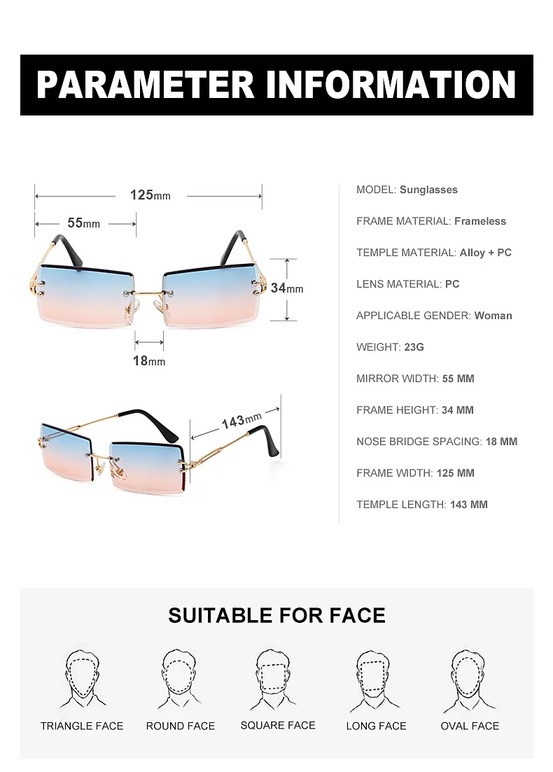 Okulary Bez Oprawek Prostokąt Moda Popularne Kobiety Mężczyźni Odcienie Małe Kwadratowe Okulary Dla Kobiet Lato Podróży Brązowy