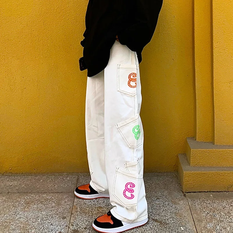 Retro Przewodnik Literalnie print Proste Spodnie Cargo Mężczyźni i Kobiety Oversize Spodnie Jeansowe Harajuku Meble Odzież Casual Spodnie Jeansowe