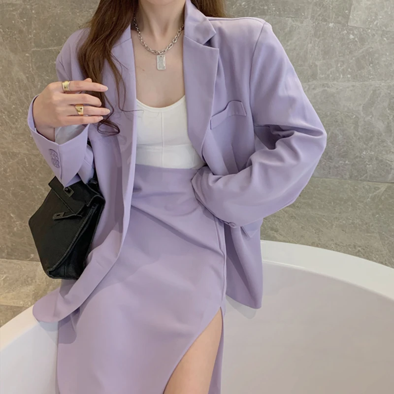 Kobiety Fioletowy Przyczynowo-Śledczy Elegancki jednorzędowy Żakiet Kurtka i Split Spódnice Ołówek 2021 Wiosna Lato office Lady Business Stroje