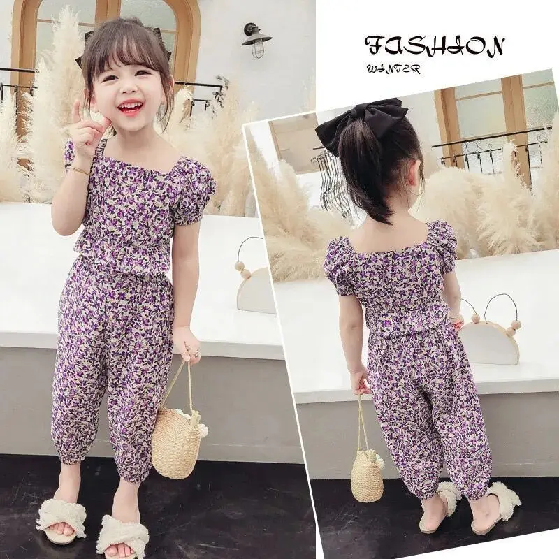 Baby 2021 plaid cotton summer western style suit puff girls sleeve shirt baby purple floral two-piece suit P4358