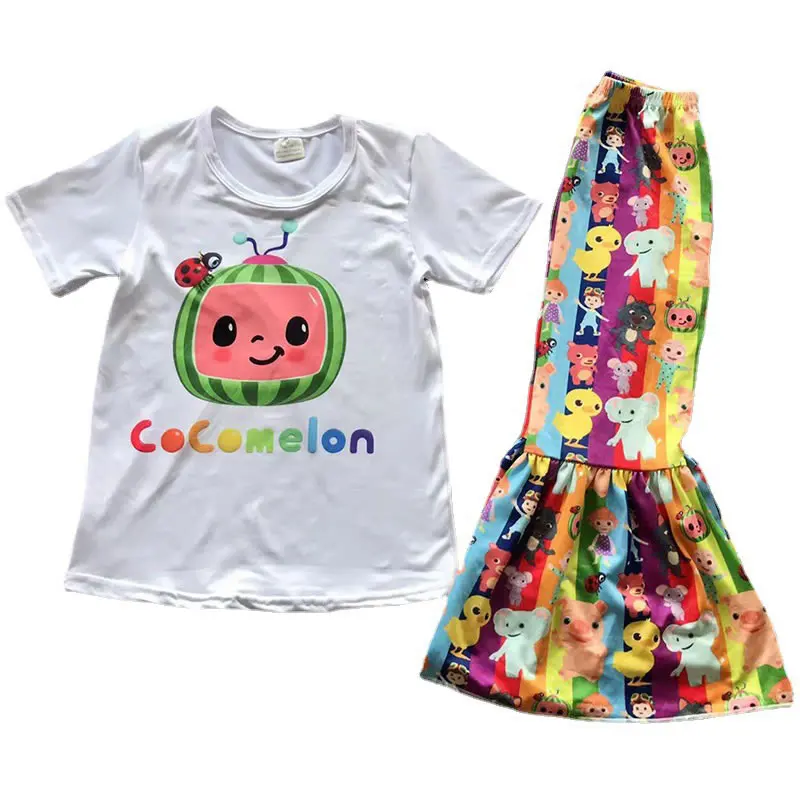 Cocomelon Strój Dla Nastolatek Odzież Letnia Moda Kid Druku Kreskówka Koszulka t-Shirt Top+Flare Spodnie 2 szt. Zestaw Dziecięcy Strój Sportowy