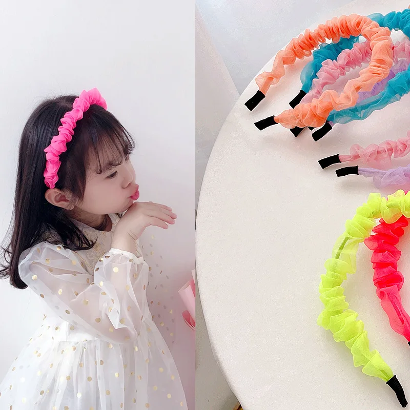 Neon kolor plac organza hairbands dziewczyny fałdy opaski dla dzieci, nakrycia głowy, akcesoria do włosów headwrap
