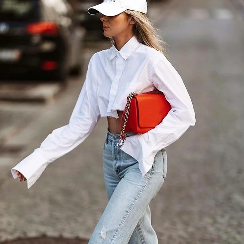 Moda Nieregularne Kieszeni Elegancki Krótki Biała Bluzka Dla Kobiet Pełna Rękaw Temat Crop Topy 2020 Jesień Koreański Styl Uliczny Bluzka