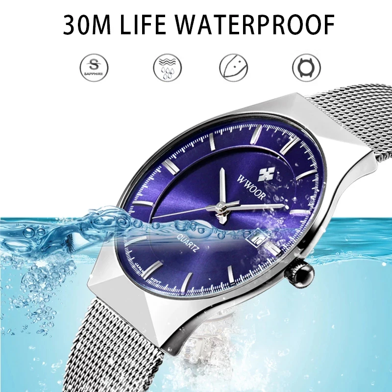 WWOOR Mężczyzna zegarka Ultra-cienki Kwarcowy Auto Data Zegarek Mężczyźni Najlepsze Marki Luksusowych Ze Stali Nierdzewnej Biznes Wodoodporny Reloj Hombre