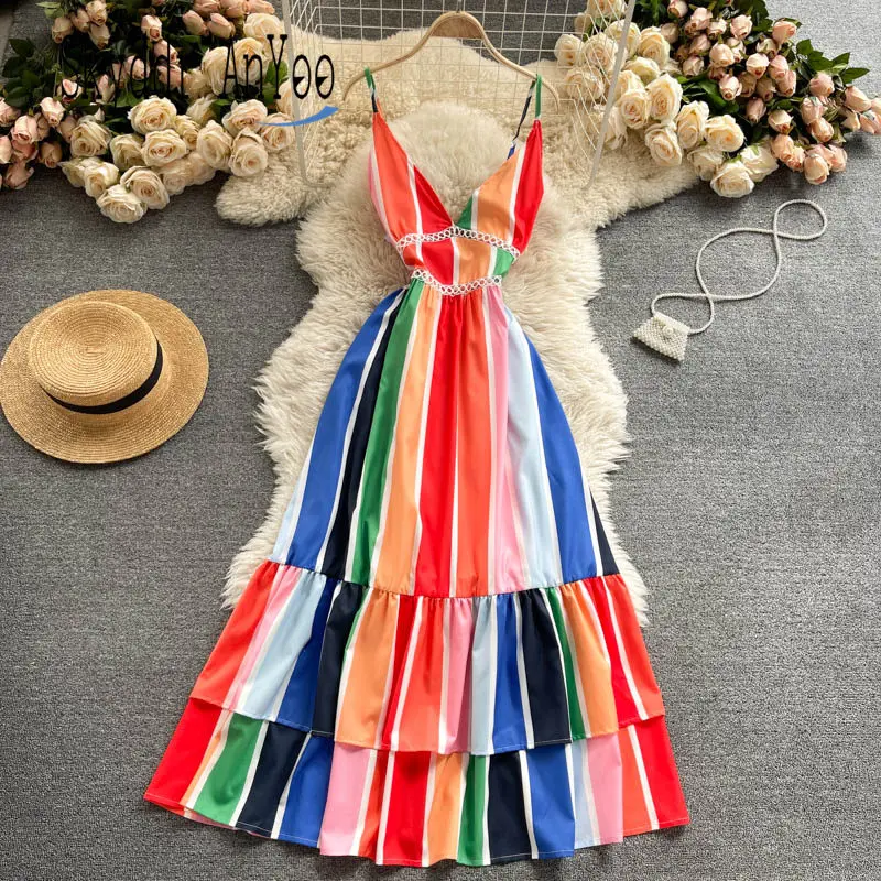 Letnie Midi Casual Sukienki dla kobiet 2021 Paski drukowane Szlafrok Femme Bez rękawów z odkrytymi Plecami sukienka Elestic Talia Elegancka sukienka
