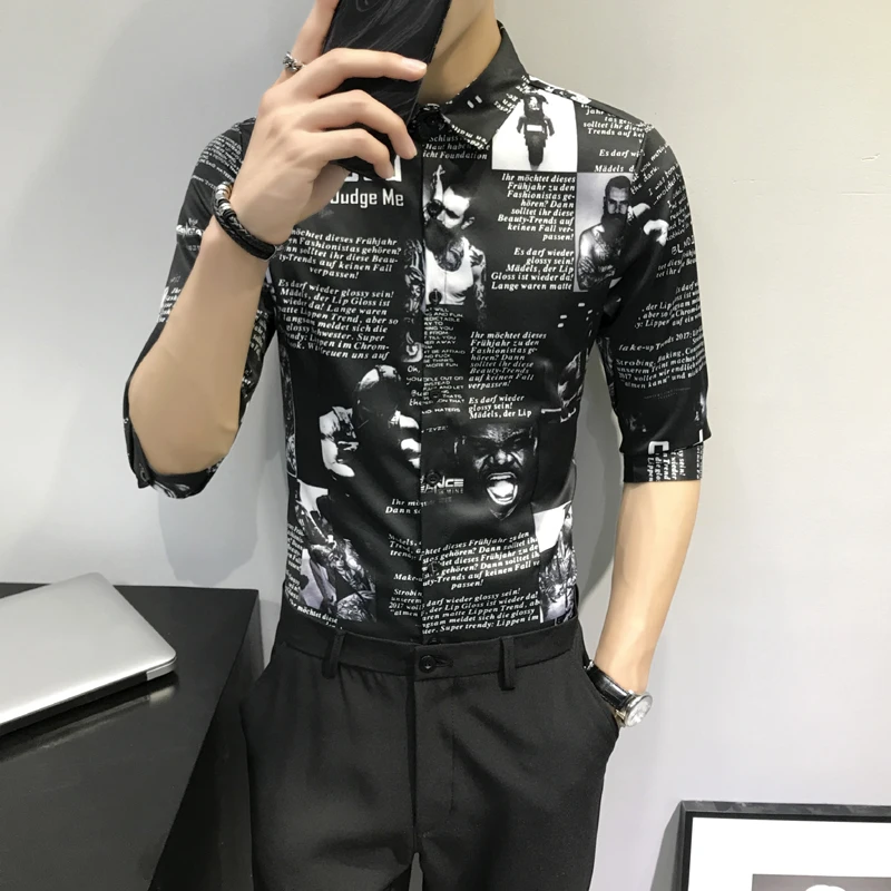 Plus Rozmiar 5XL-M Moda Gazeta Druku Rękawy Koszuli Dla Mężczyzn Odzież 2021 Prosty Slim Fit Codzienne Smoking Sukienka Bluzka Gorące