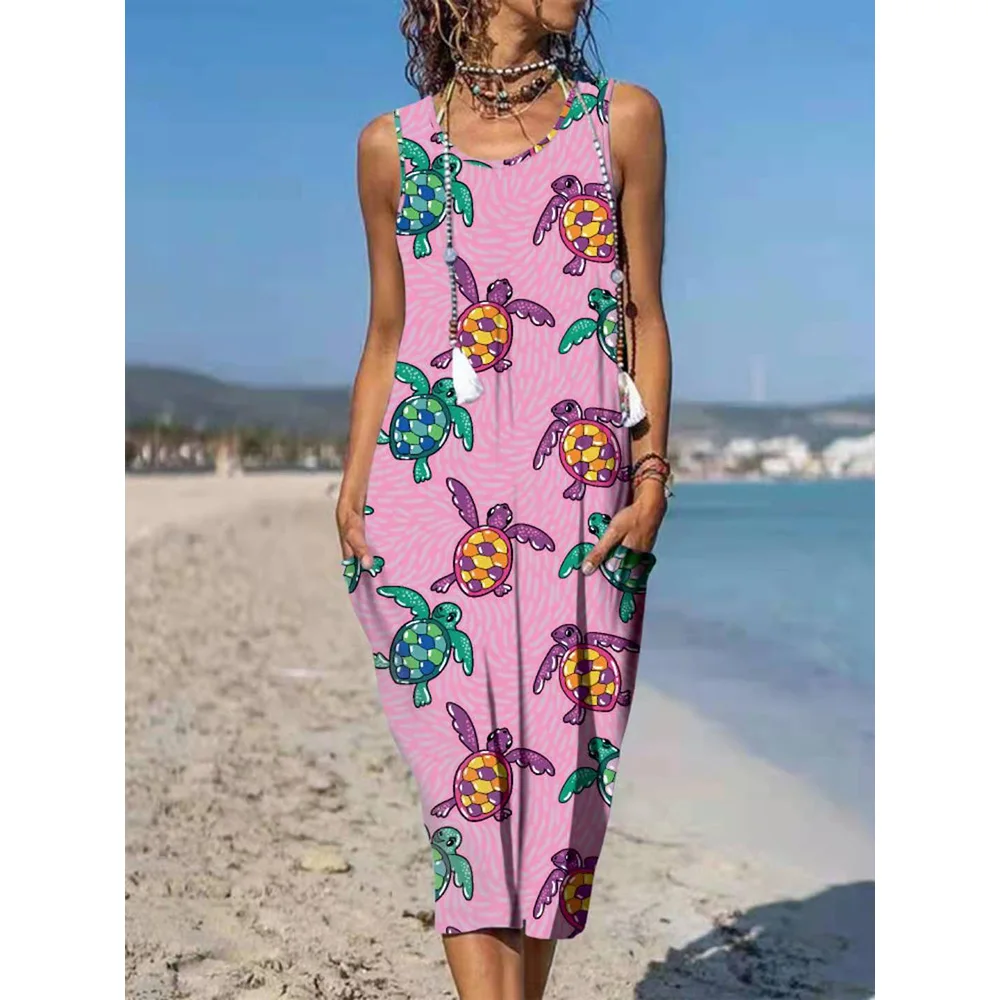 Żółw Wzór Pasy Wakacje Strój Plażowy dla Odzieży Damskiej 2021 Lato Nowy Codzienny Bez Rękawów Temat Kieszenie Maxi Sukienkę