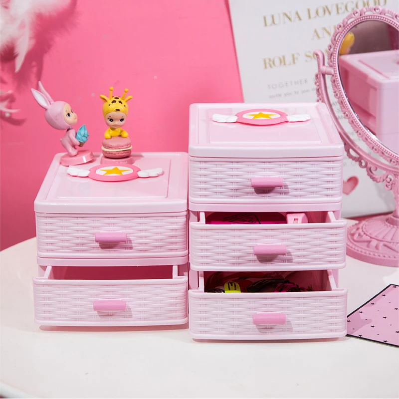 2-4layer Cute Pink Drawer Desk Storage Box Plastic Sundries Holder Cosmetic Cabinet Storage Organizer Desktop Makeup Organizer