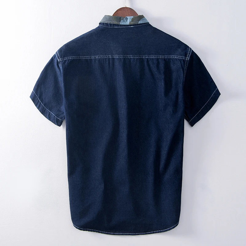 Nowa casual shirt mężczyźni z krótkim rękawem bawełna granatowa jeansowa koszula topy męskie letnie ciuchy Azjatycki rozmiar 874
