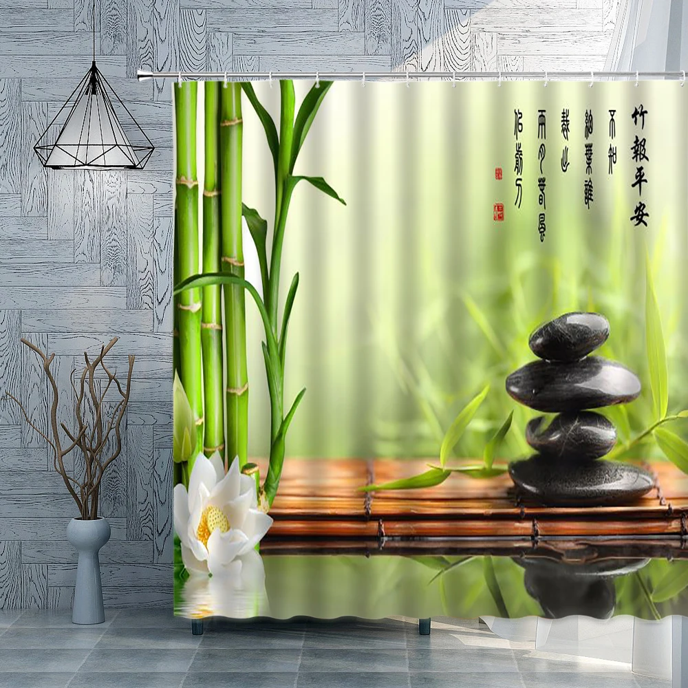 Zielona Roślina Bambus Zen Stone Prysznicem Kurtyna Tropikalny krajobraz Naturalny Zasłony łazienkowe Wodoodporną home decor Wystrój Łazienki