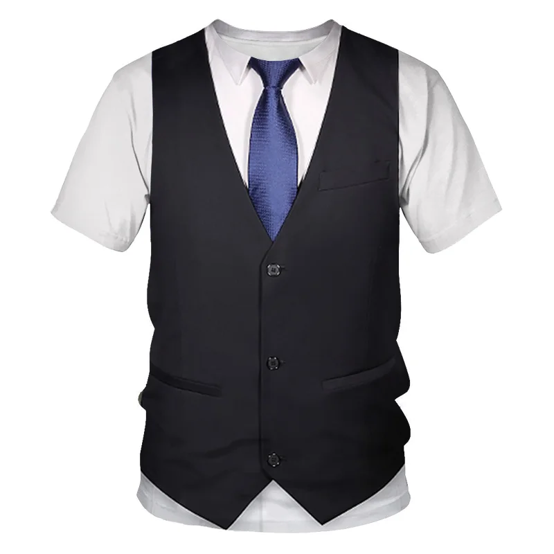 3D koszulka Funny Fałszywy Garnitur Smoking Krawat motyl 3D Drukowane t-shirty Męskie Letnia damska Z Krótkim Rękawem Meble Ubrania Fałszywy Garnitur Kamizelka Koszulka