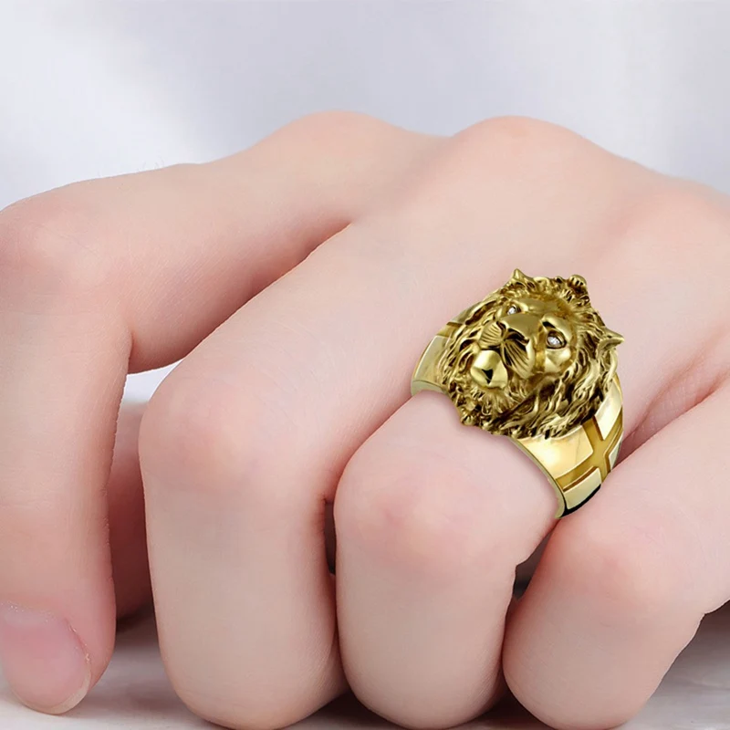 Złoty Pierścień Głowy Lwa Ze Stali Nierdzewnej Cool Boy Band Party Lion Ring Narzucający Mężczyzna Pierścionek Casual Party Hip Hop Gold Ring Jewelr