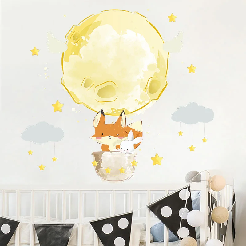 Kreskówki Zwierzęta Balon na Gorące powietrze Naklejki Ścienne dla Chłopca Sypialnia Dzieci pokój Dziecięcy Dekoracje Wymienne PVC Artystyczne Freski Wystrój Domu