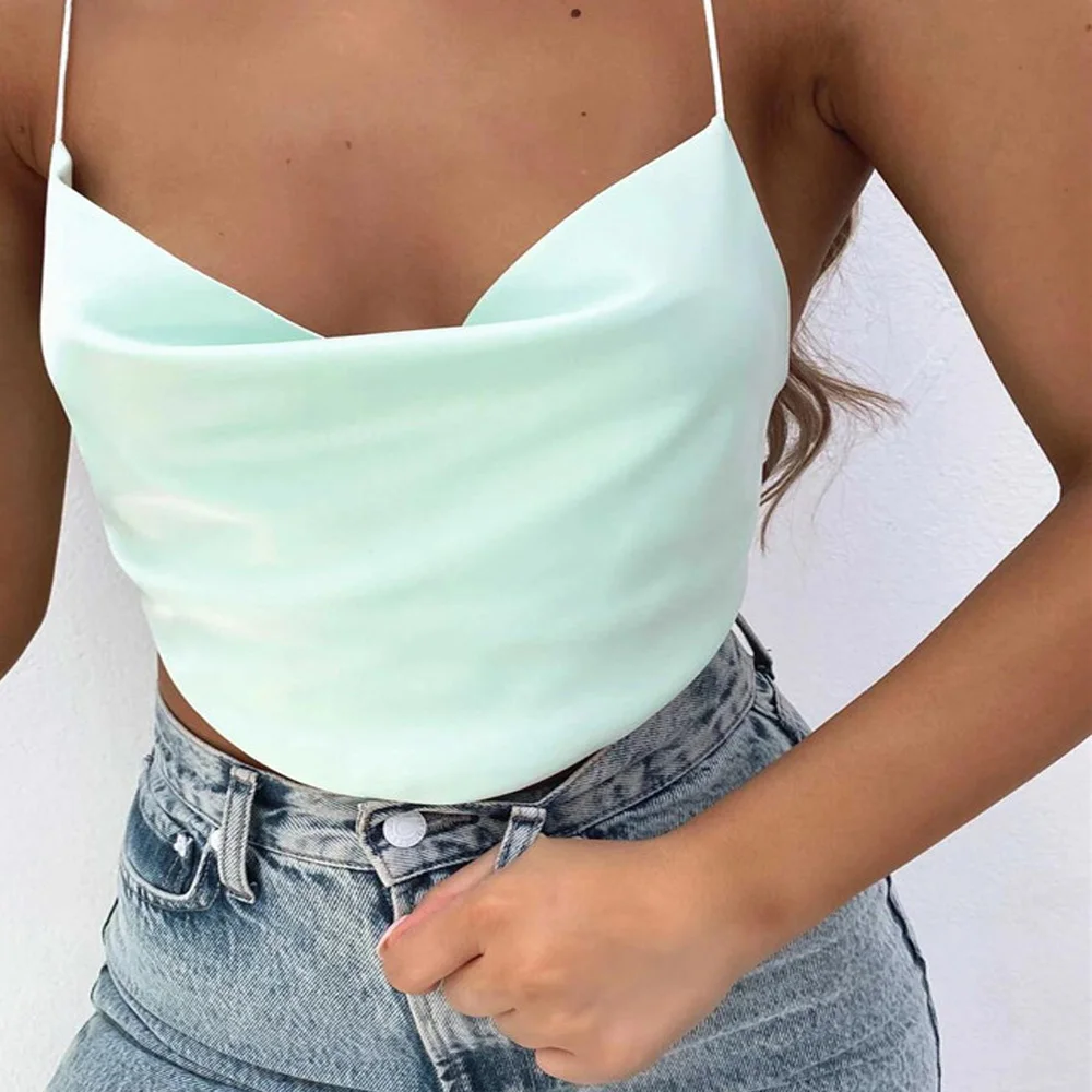 Solid color Satin Sling Sexy Backless Crop Top Women Short Top Female 2021 Summer Mujer Lace-up sling top