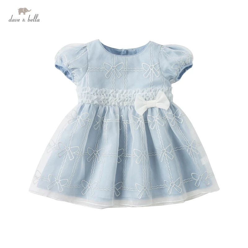 DB17423 dave bella summer baby girl's śliczne bow embroidery dress children fashion party dress kids infant lolita clothes