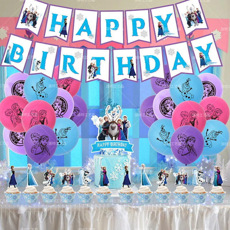 New Disney Frozen 2 Princess Elsa Anna Pull Flag Cake Topper Insert Balloon Party Decorations Happy Birthday Party Set Supplie