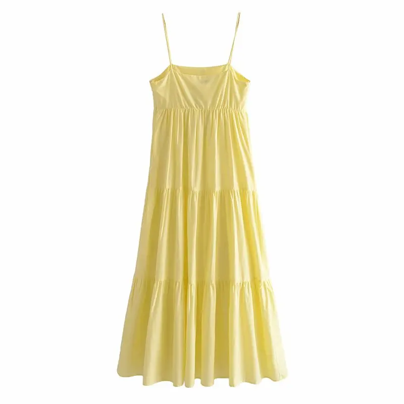 VUWWYV Za 2021 bawełniane Sukienki Kobiety Żółte Paski Backless Sukienka Midi Kobieta Lato Eleganckie Plisowane Sukienki Wieczorowe Partii